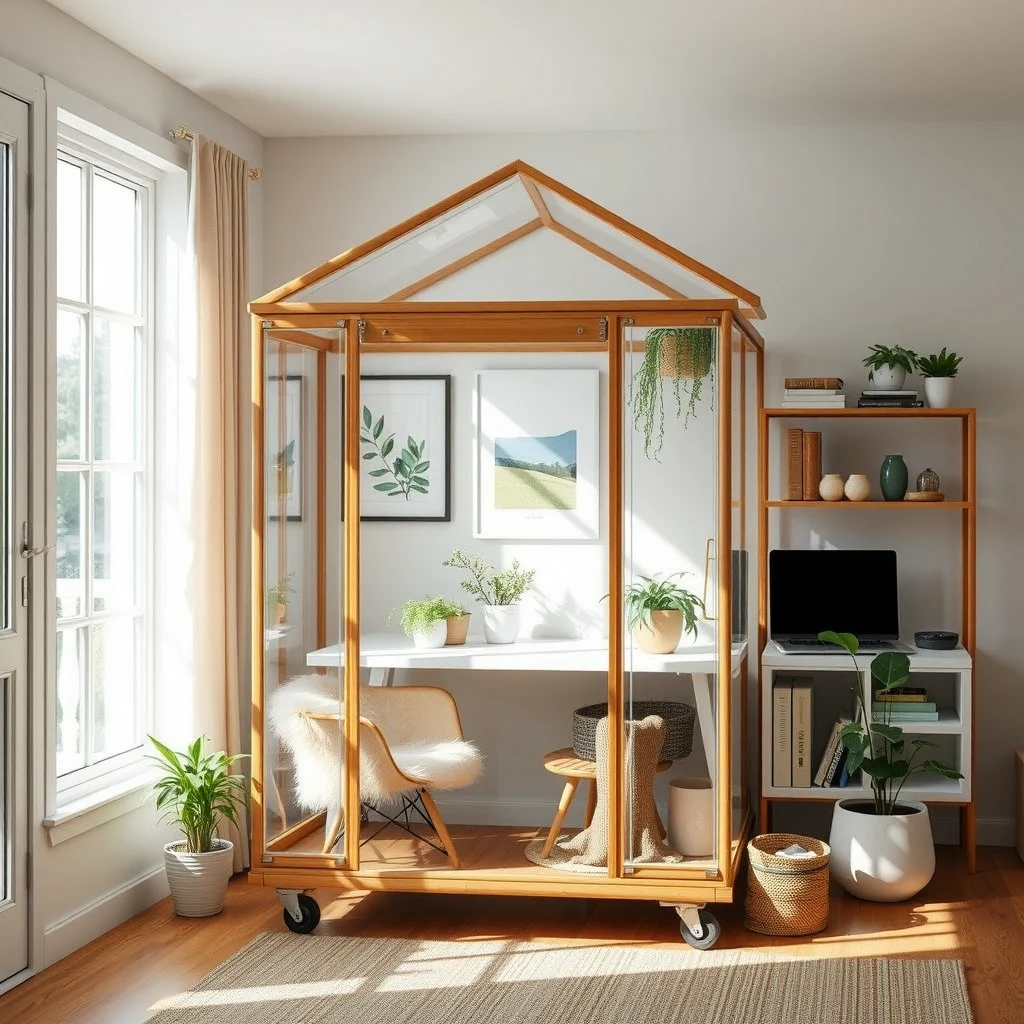 Small Greenhouse Ideas for Growing Plants in Limited Space: 6. Portable Rolling Greenhouse for a Home Office - For those who work from a home office with limited floor space, a rolling greenhouse on casters offers flexibility. Constructed from a sturdy bamboo frame and clear polycarbonate sheets, the unit slides easily from one