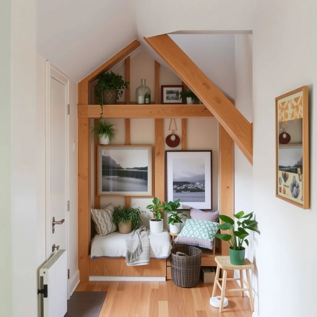 Small Greenhouse Ideas for Growing Plants in Limited Space: 7. Under‑Staircase Greenhouse Nook - Many homes have an unused space beneath a staircase that is perfect for a low‑profile greenhouse. By framing the opening with reclaimed pine and installing a fixed clear panel on the front, you create a