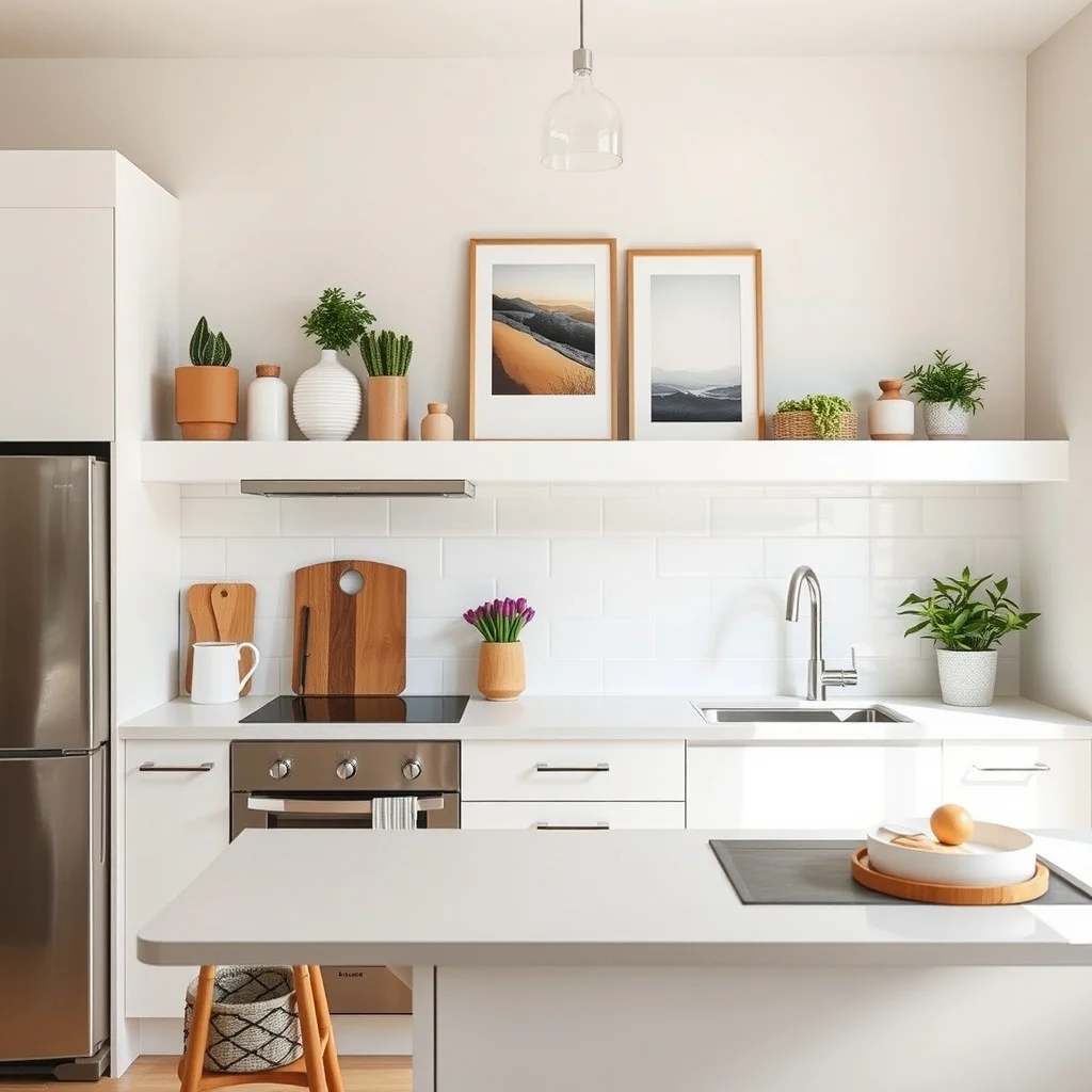 Small Kitchen Island Alternatives for Homes Without Enough Space: 5. Open Shelving with Integrated Counter Space - Replacing a section of upper cabinets with open shelving can free up wall space while providing a narrow strip of countertop for light tasks. Install floating shelves in a matte white finish, and beneath the