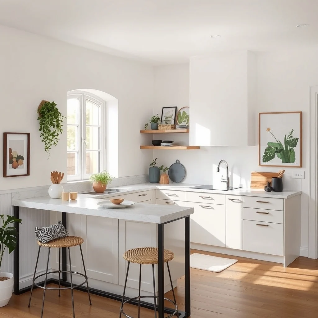 Small Kitchen Island Alternatives for Homes Without Enough Space: 6. Kitchen Peninsulas Formed by a Breakfast Bar - A short breakfast bar extending from a wall or a row of cabinets can act as a partial island, offering both seating and a work surface. Select a bar with a sleek, powder‑coated steel frame