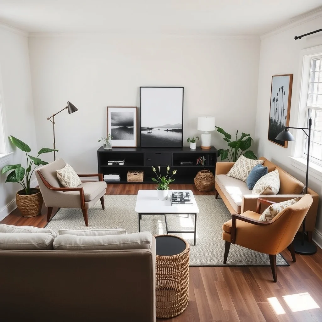 Small Living Room Furniture Layout Ideas That Create More Space interior: 6. Create a Diagonal Flow with Angled Furniture - Most rooms are arranged in strict orthogonal lines, which can make a small space feel boxed in. Introducing a diagonal element—such as a side chair set at a 45‑degree angle to the sofa—breaks the grid