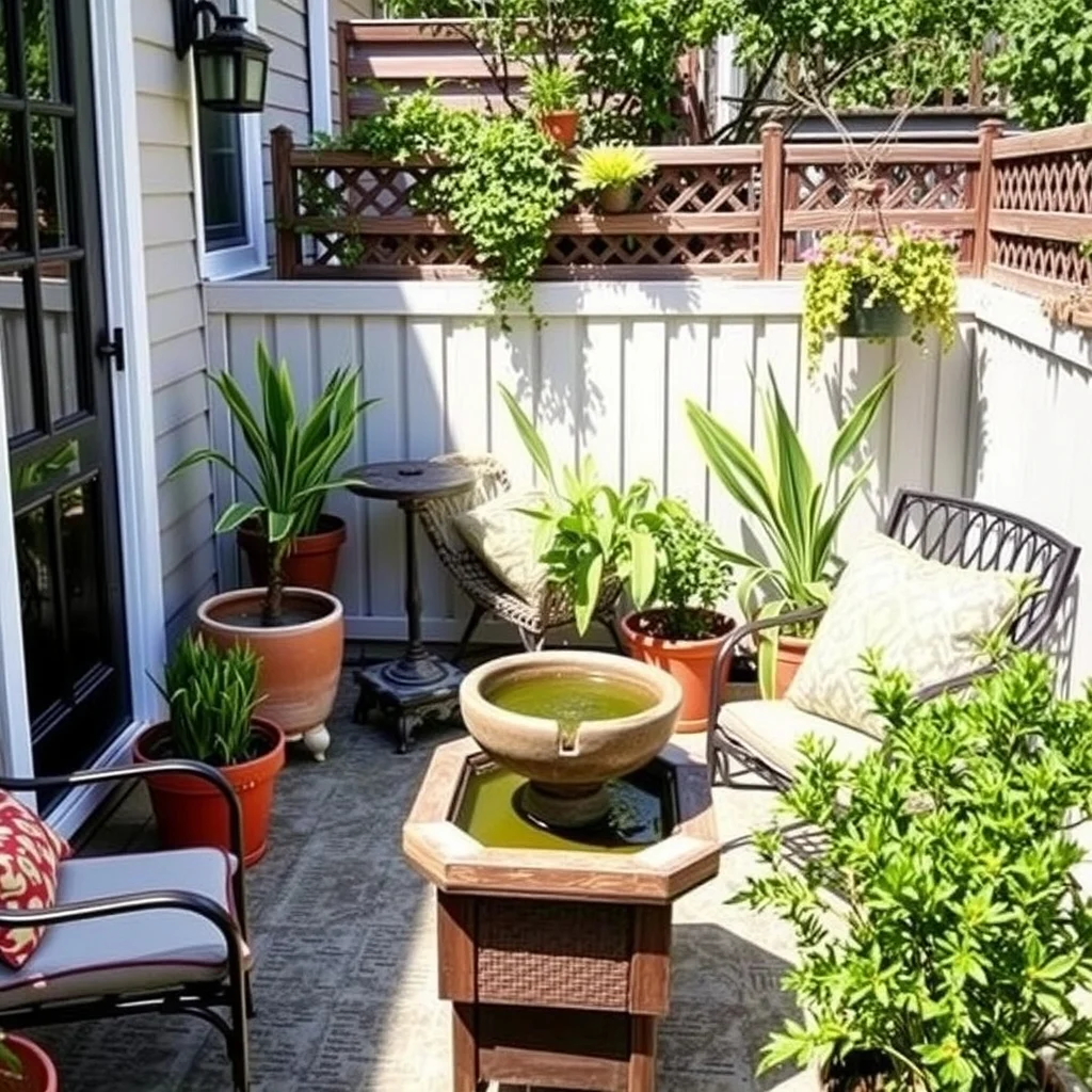Small Patio Decorating Ideas for Outdoor Living in Spring: 6. Add a compact water feature for subtle sound - A modest tabletop fountain crafted from stone or glazed ceramic introduces the soothing sound of trickling water, which can mask city noise and enhance relaxation. Position the fountain near the seating area so the gentle