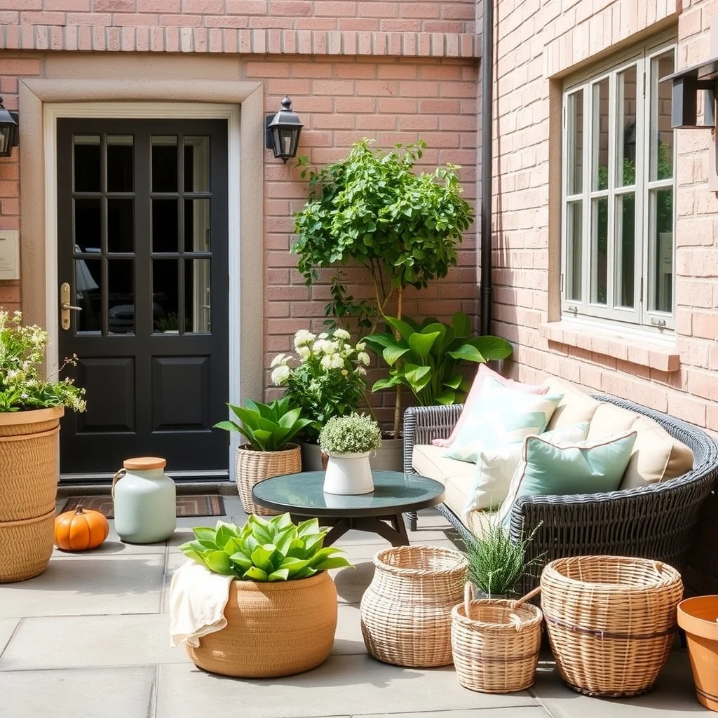 Small Patio Decorating Ideas for Outdoor Living in Spring: 7. Finish with seasonal accessories like pastel cushions and woven baskets - Swap out heavy winter throws for lightweight cushions in shades of mint, blush, or sky blue. These soft furnishings invite you to linger longer while reinforcing the spring theme. Pair the cushions with a