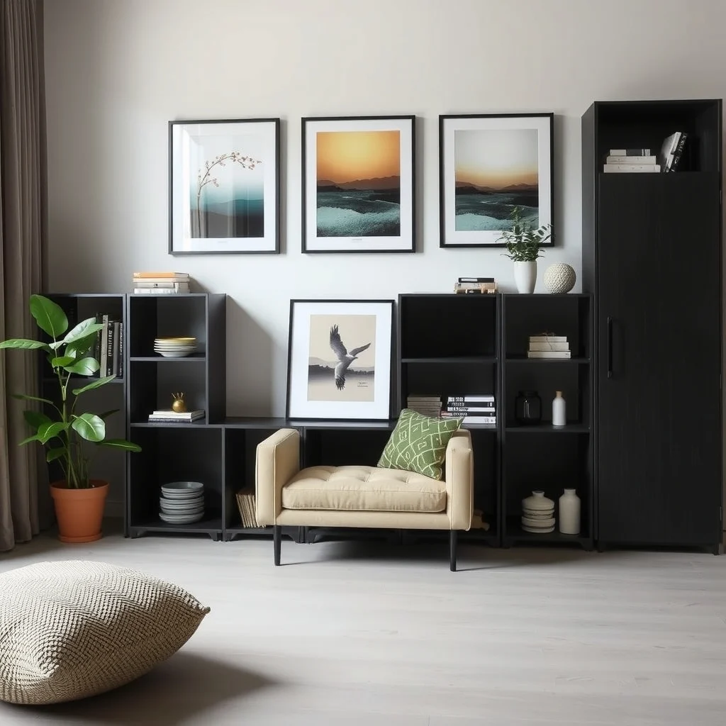 Small Space Storage Furniture Ideas That Combine Style and Function interior: 7. Modular Cube System with Open and Closed - Cube storage offers flexibility that adapts as your needs change. A set of three‑by‑three‑foot cubes finished in matte charcoal can be arranged in a line or stacked vertically. Some cubes feature solid doors for concealed