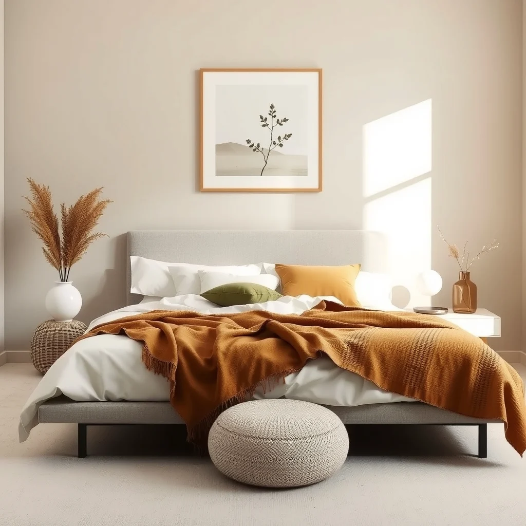 Soft greige walls frame a low profile platform bed draped in warm ivory linen accented by amber cushions and a rich olive throw a subtle abstract botanical print hangs above bathed in gentle natural light