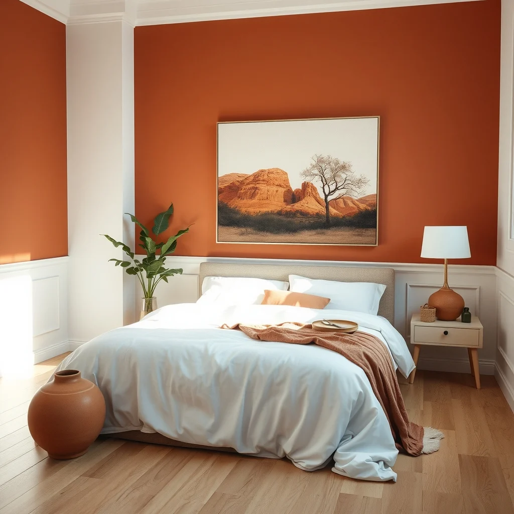 Spacious bedroom lower half walls painted muted terracotta upper soft white white cotton sheets terracotta ceramic lamp base light wood floor large abstract landscape canvas