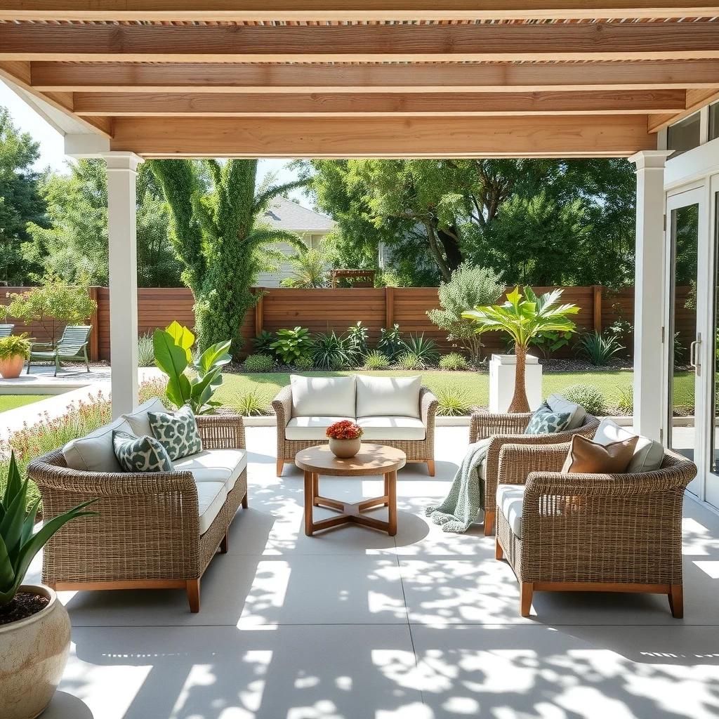 Spacious patio featuring light stained teak rattan sectional modular cushions in muted sage sun dappled shadows from nearby trees white concrete floor modern coastal vibe distant garden backdrop