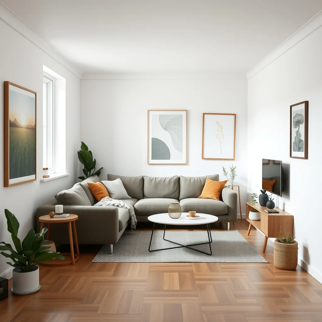 Spacious small apartment living room sofa positioned centrally angled away from wall creating a narrow walkway