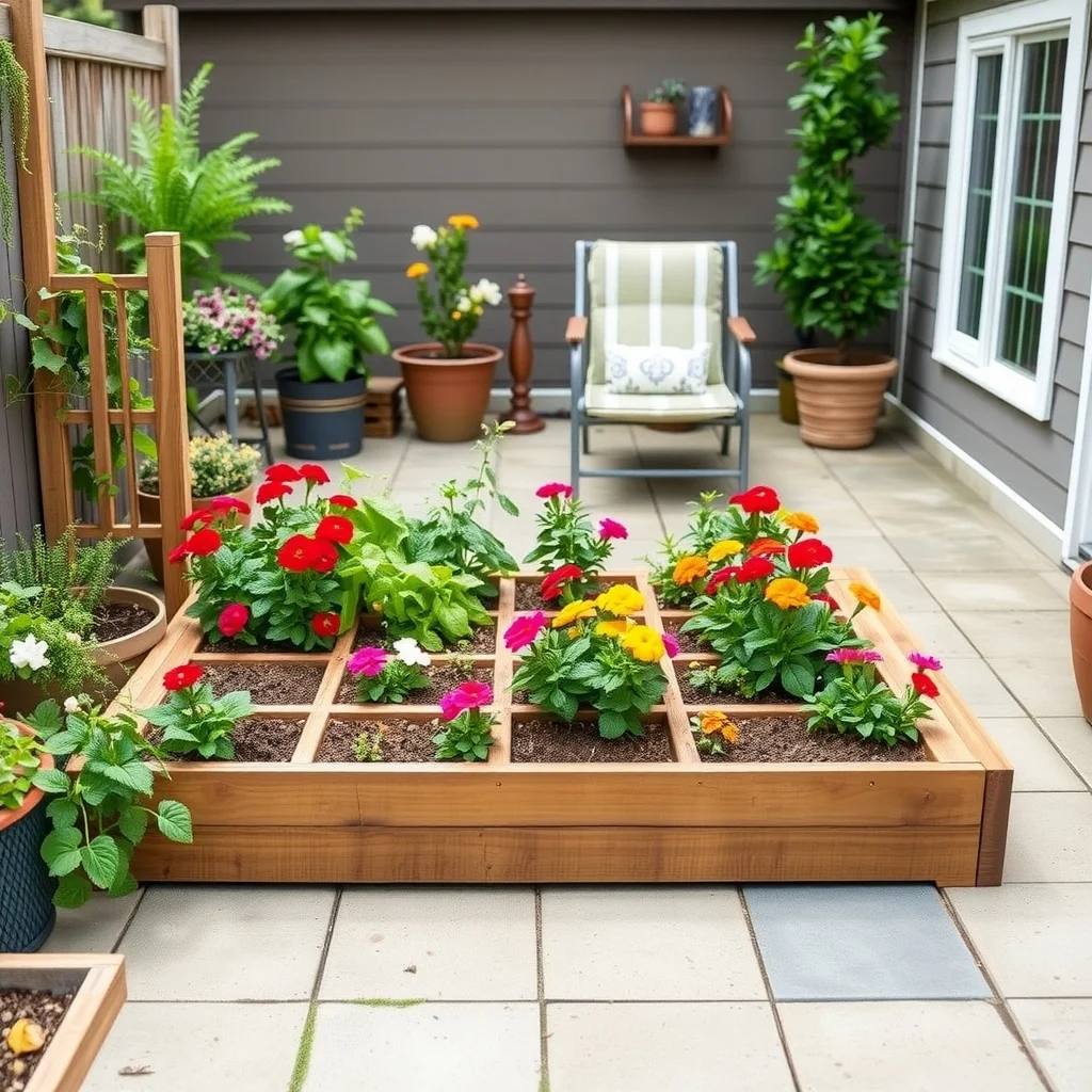 Spring Flower Bed Ideas for Colorful and Easy-to-Maintain Gardens: 4. Raised Bed with Modular Planting Grid - Construct a raised bed using cedar planks and install a simple grid of wooden or metal squares on the surface. Within each square, plant a single species—such as geraniums in red, marigolds in orange, or