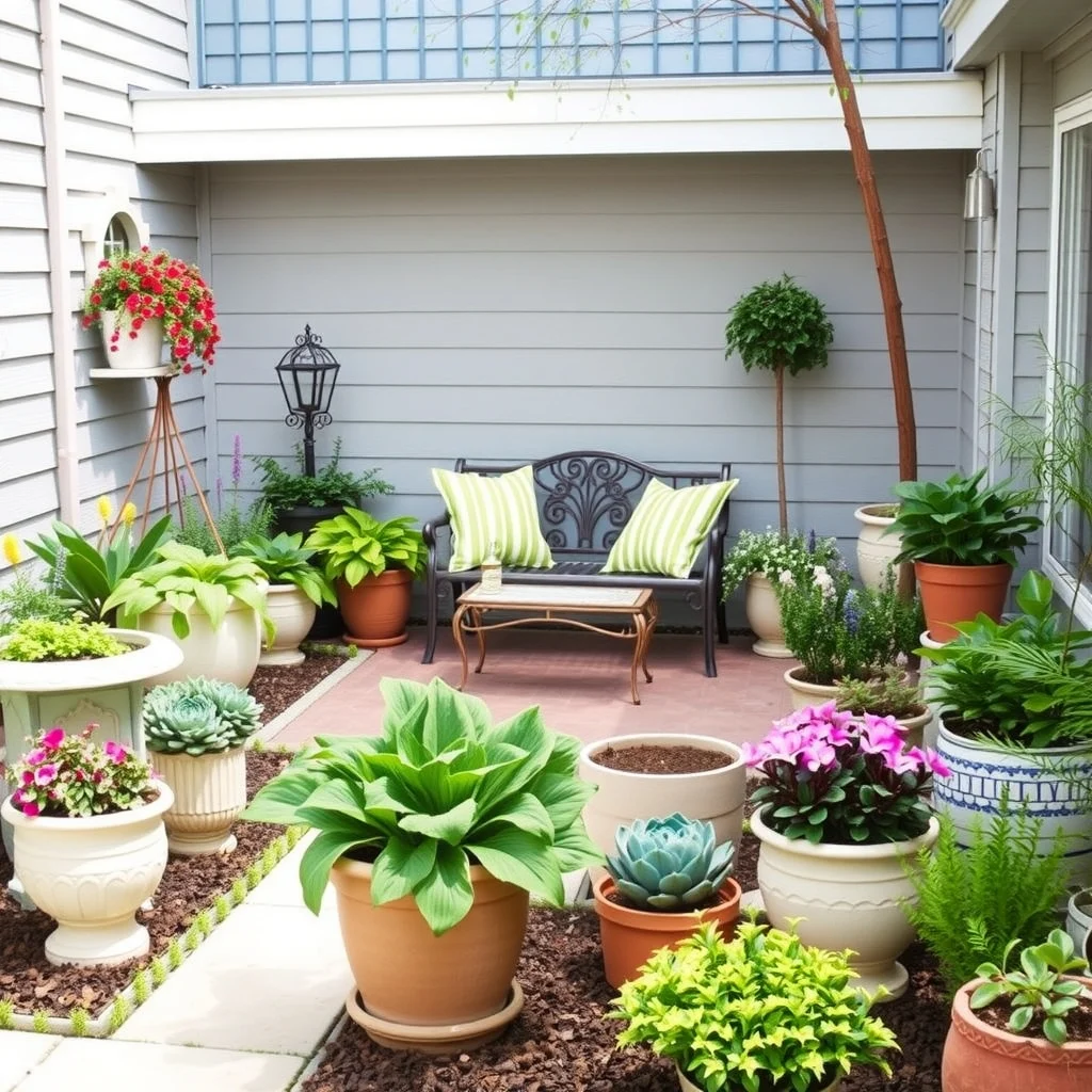 Spring Flower Bed Ideas for Colorful and Easy-to-Maintain Gardens: 6. Integrated Seating Nook with Potted Borders - Place a modest bench or a pair of weather‑resistant chairs at the center of the flower bed, then surround the seating area with large, decorative pots filled with compact plants like dwarf begonias, ornamental kale,