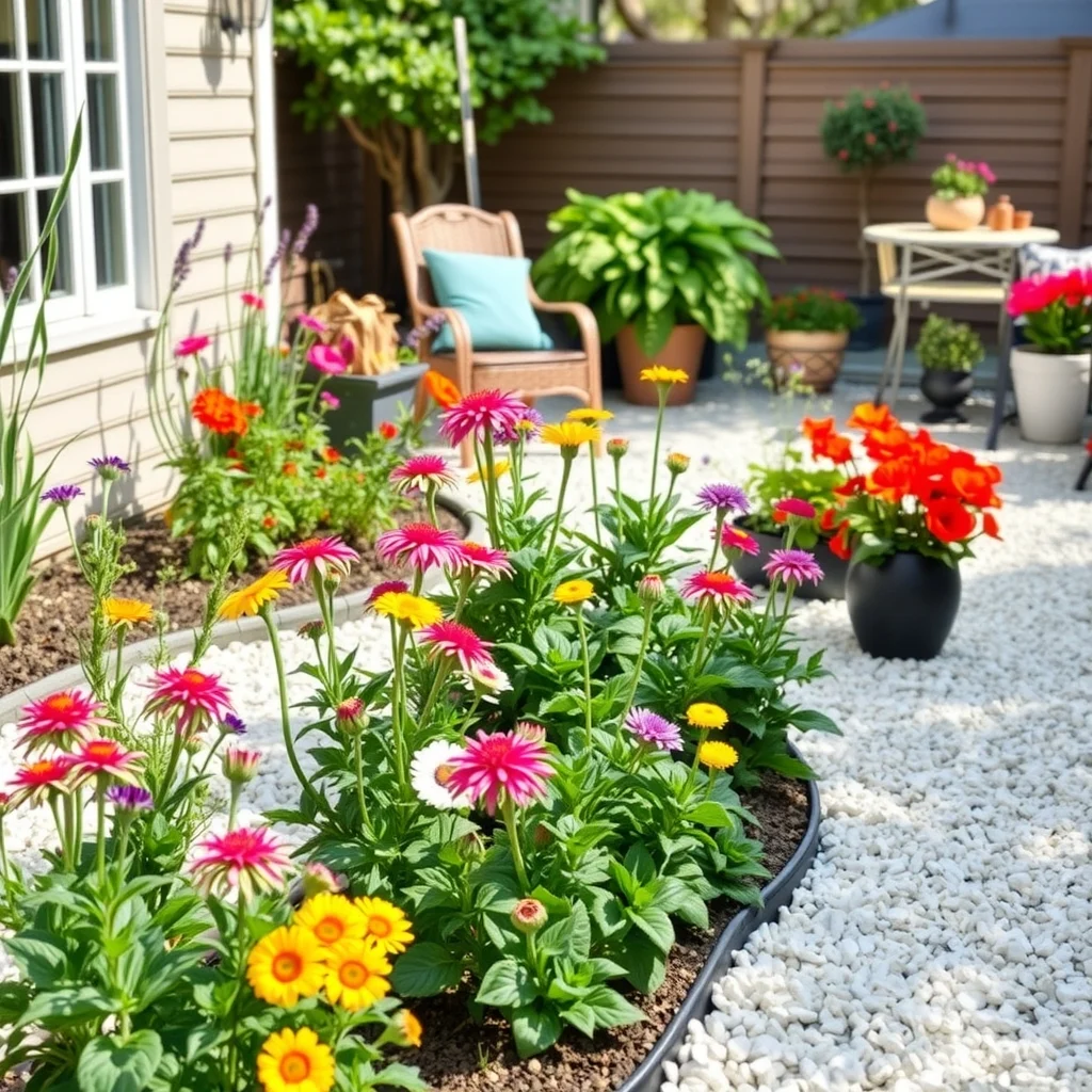 Spring Flower Bed Ideas for Colorful and Easy-to-Maintain Gardens: 7. Light‑Reflective Mulch with Accent Flowers - Apply a light‑colored mulch—such as white pea gravel or finely crushed limestone—across the entire bed. The bright surface reflects sunlight, keeping the soil a few degrees cooler and highlighting the colors of the plants that