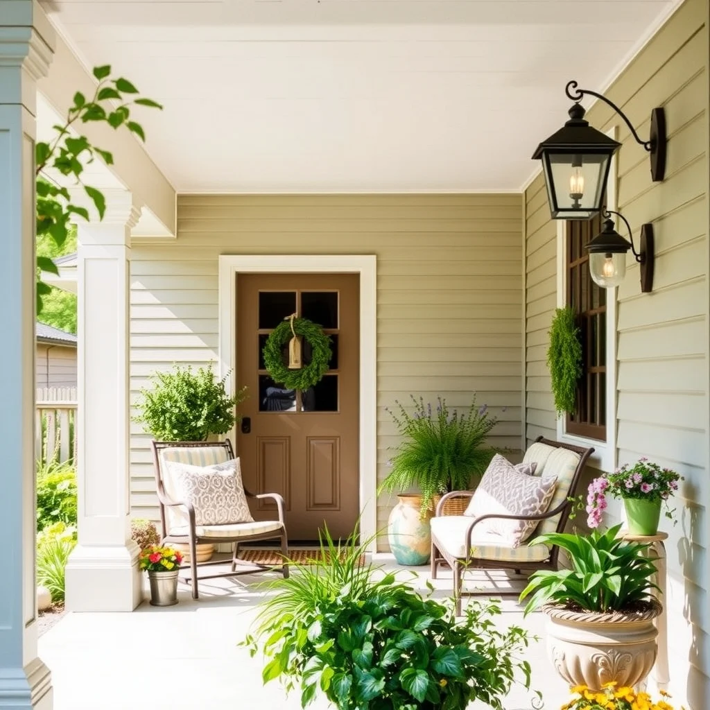 Spring Porch Decorating Ideas for a Fresh and Welcoming Entrance: 5. Highlight the entry with subtle lighting fixtures - As daylight wanes, a well‑chosen light fixture can turn a porch from functional to inviting. A pair of wall‑mounted sconces with frosted glass diffusers offers a warm glow without harsh glare, while a solar‑powered lantern