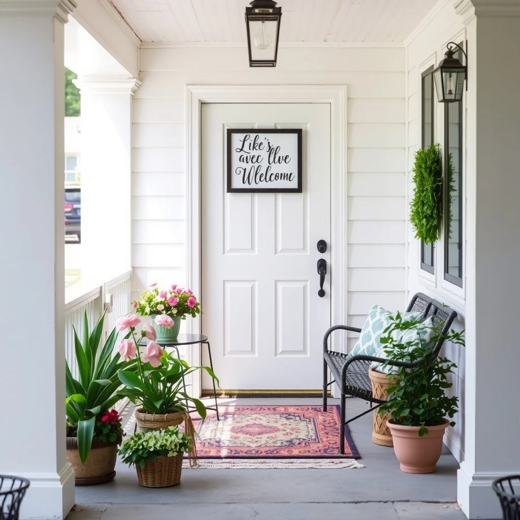 Spring Porch Decorating Ideas for a Fresh and Welcoming Entrance: 7. Frame the doorway with seasonal artwork or signage - A small piece of outdoor‑rated art can act as a visual welcome without dominating the façade. Consider a weather‑proof metal plaque with a simple greeting, a set of framed botanical prints protected by UV‑coated glass,
