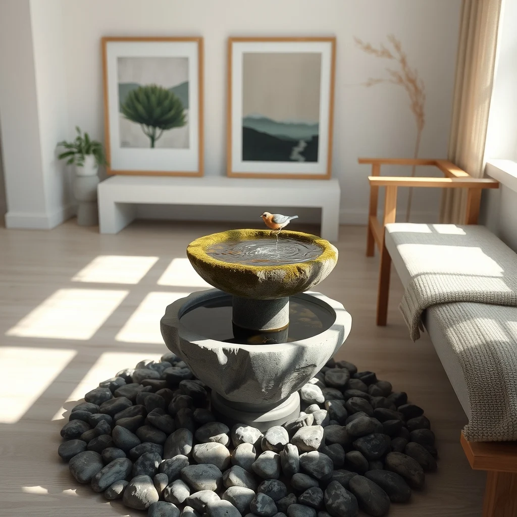Stone birdbath fountain perched on moss covered rocks clear water rippling gently surrounding slate pebbles reflect dappled sunlight positioned beside a minimalist bench creating tranquil soundscape