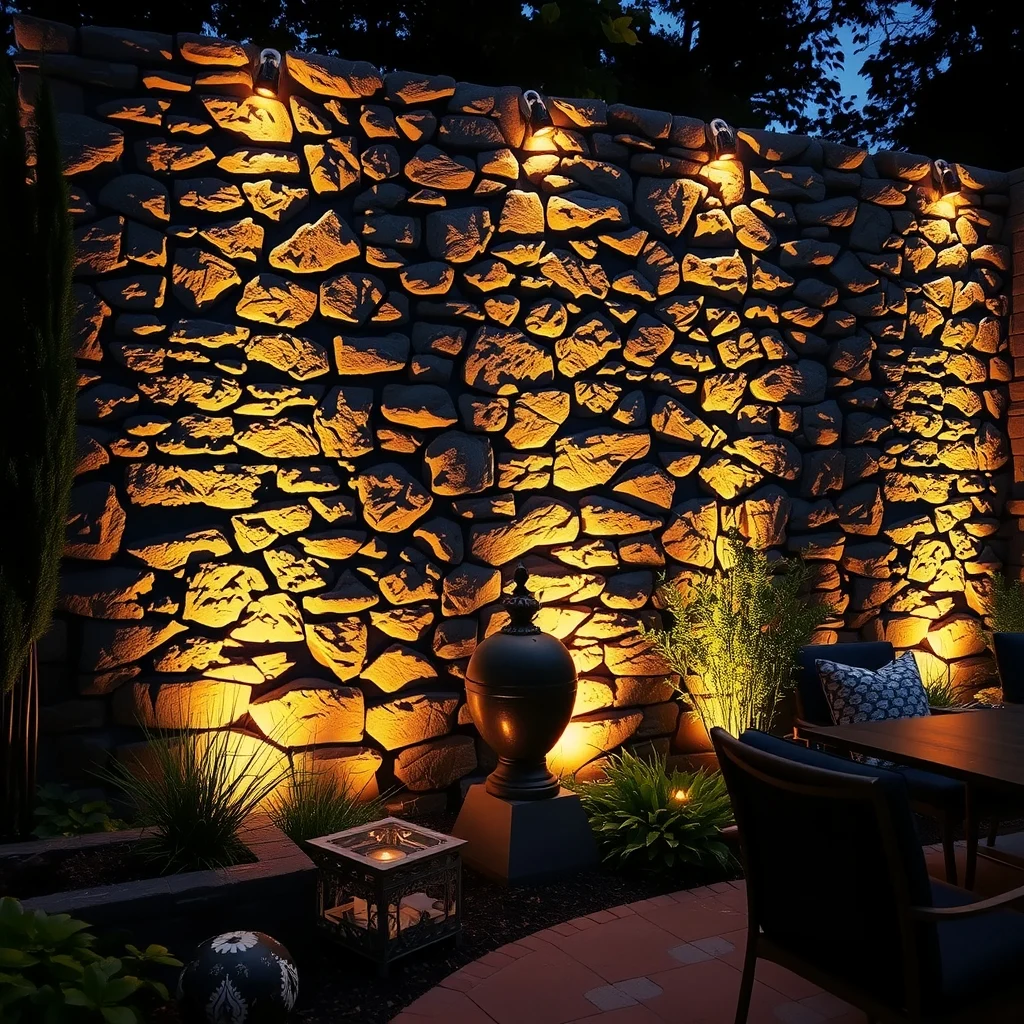 Stone garden wall illuminated by narrow beam up lights casting vertical shafts of warm light that accentuate rugged texture while a bronze sculpture glows subtly from below creating dramatic depth