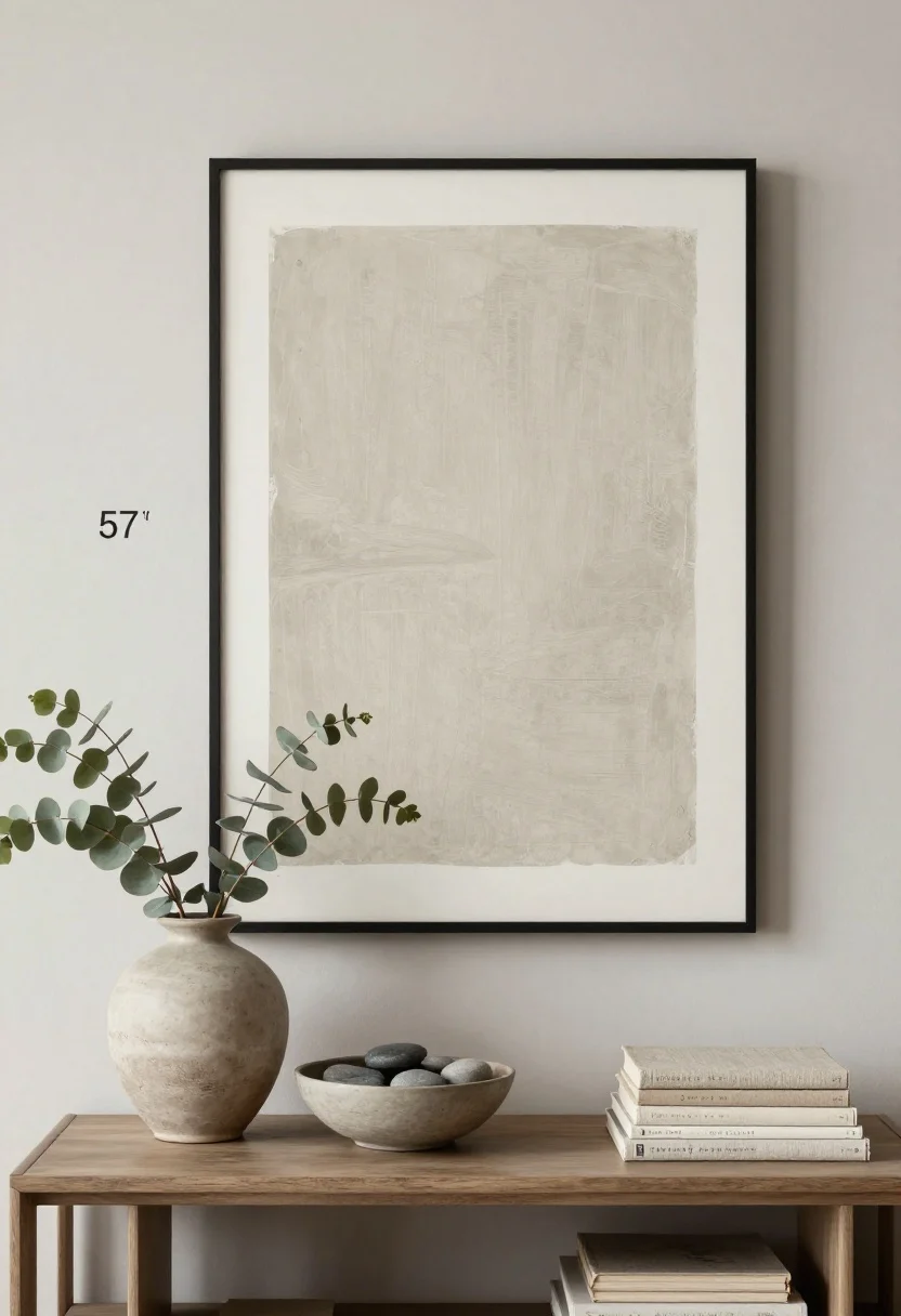 Straight-on medium shot: Quiet art and nature—one oversized neutral abstract canvas with a simple black frame hung at 57 inches on center above a low console. On the console: matte ceramic vase with eucalyptus branches, a shallow bowl of smooth river stones, and a stack of linen-covered books. Subtle, textural, and personal. Gentle daylight, restrained color, organic forms.