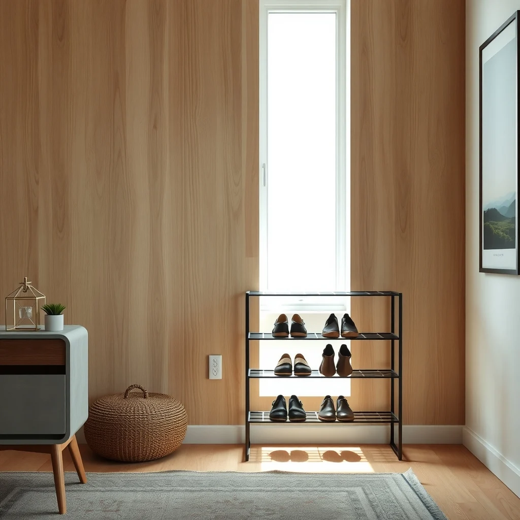 Stylish three tier shoe rack made of powder coated steel in charcoal positioned against a light oak wall sleek shoes displayed with a narrow vertical window letting daylight