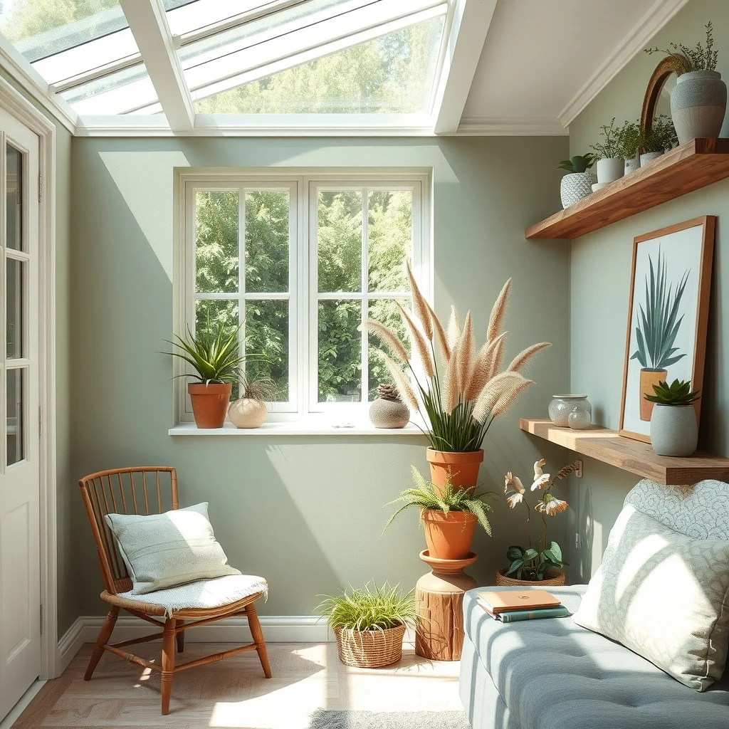 Sunlit conservatory corner featuring a tiered display of native sedges ornamental grasses and coneflower in rustic terracotta pots muted sage walls reclaimed wood shelves soft natural light wide angle