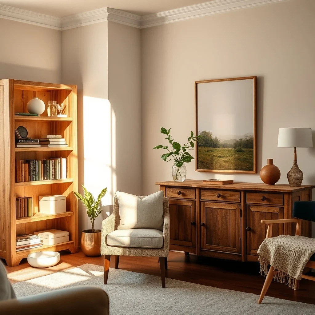 Sunlit corner showcases a reclaimed pine bookshelf with weathered grain paired beside a low distressed oak sideboard soft amber light highlights natural textures anchoring the vintage living room s warm rustic elegance