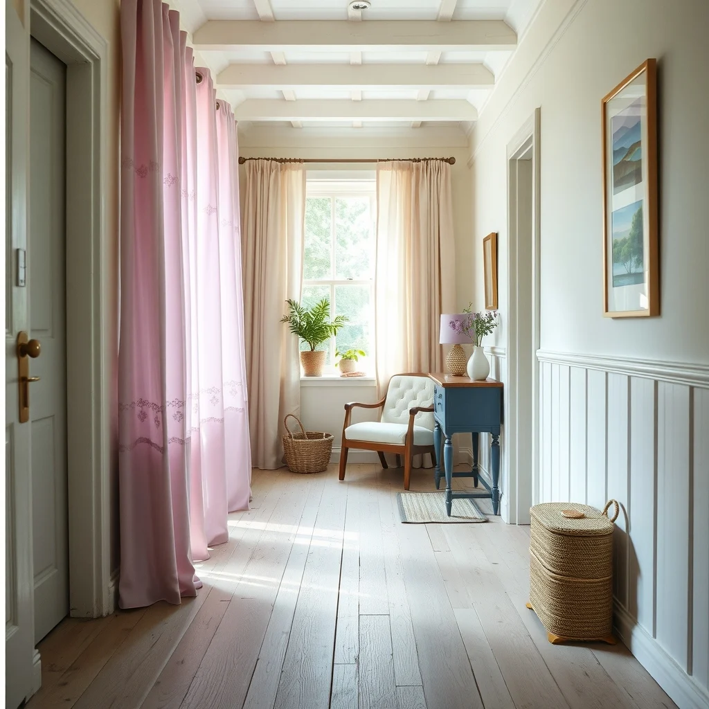 Sunlit cottage hallway lined with low pastel lavender and soft pink fabric panels staggered like flower borders whitewashed wainscoting reclaimed wood floor gentle natural light filtering through sheer curtains