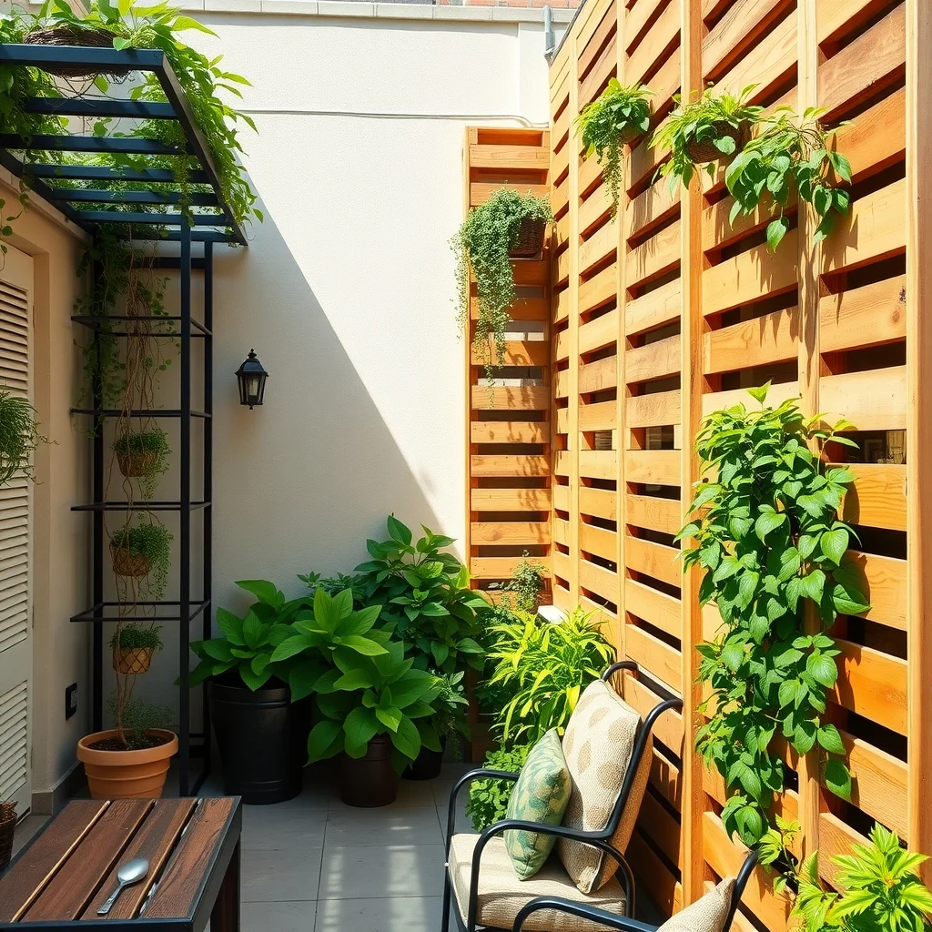 Sunlit courtyard wall showcases modular wooden pallet panels and black metal trellises brimming with rosemary basil and trailing ivy natural wood tones contrast with vivid emerald foliage in a modern rustic composition