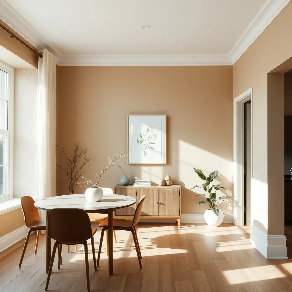 Sunlit dining room with warm greige satin walls subtle sheen reflecting natural light minimalist white ceiling light oak floor a small abstract botanical print above a narrow console creating airy ambience