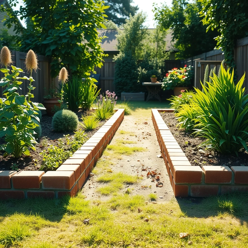 Sunlit garden bed edged with reclaimed red bricks laid end to end low and sturdy warm afternoon light casts soft shadows wide angle view highlighting the crisp linear border against lush green foliage