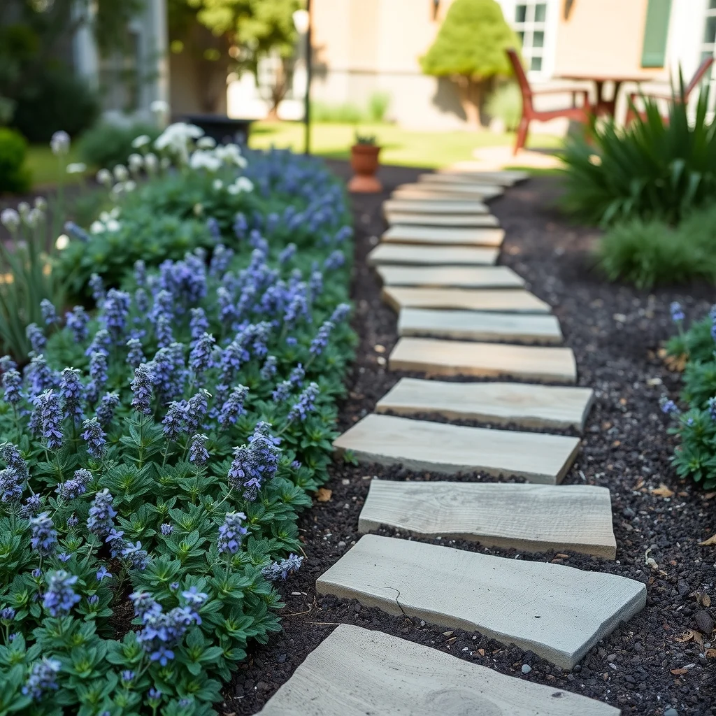 Sunlit garden path edged with a thin verdant border of thyme dwarf lavender and creeping phlox each under six inches tall forming a soft aromatic carpet against cedar stepping stones