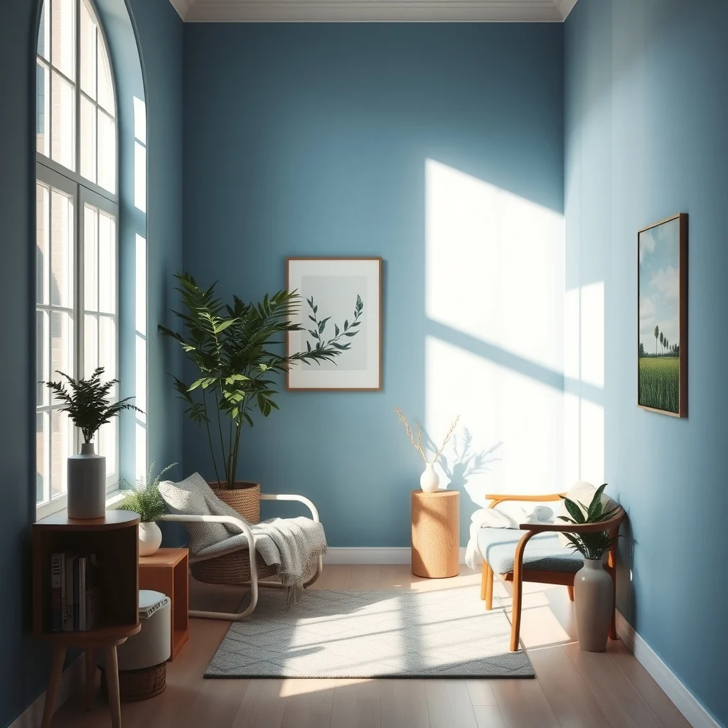 Sunlit hallway features low blue