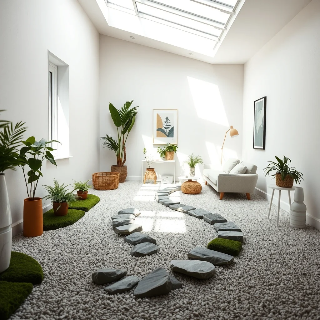 Sunlit indoor courtyard with a sinuous S shaped river rock pathway set on light gray pea gravel surrounded by mossy borders soft natural light filtering through skylight minimalistic modern garden style