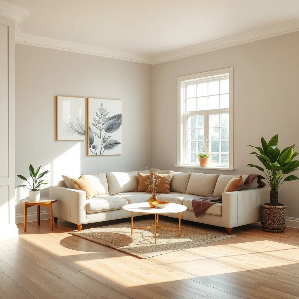 Sunlit living room with soft greige walls abstract botanical mural light oak flooring plush neutral sofa and a large window letting in natural light creating spacious calming ambience