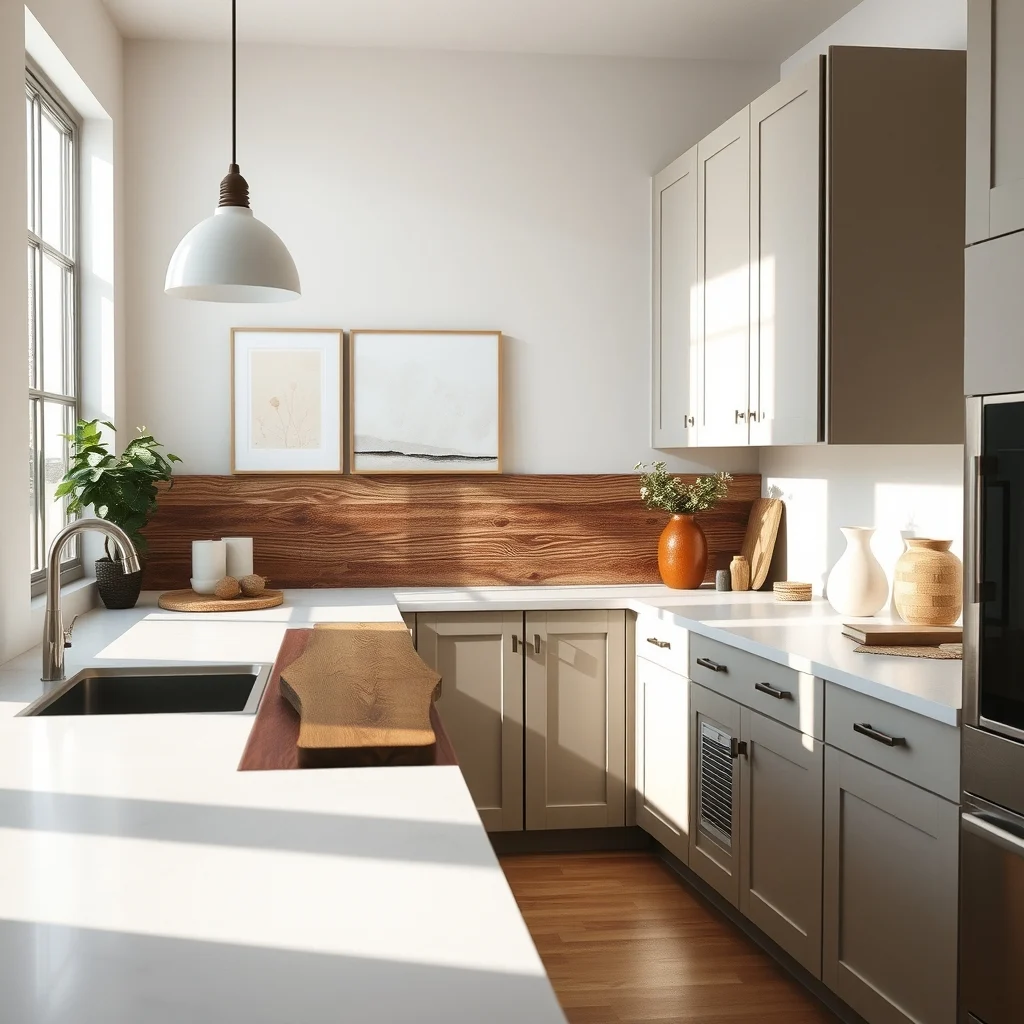 Sunlit modern farmhouse kitchen sleek marble countertop bisected by a reclaimed wood slab divider brushed metal strip accent warm greige cabinets soft natural light from a nearby window wide angle view
