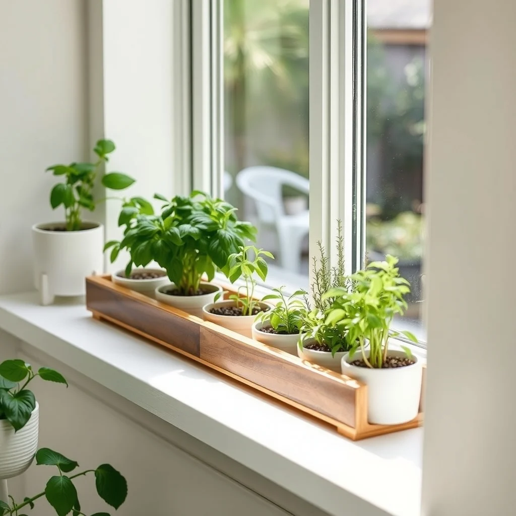 Sunlit narrow kitchen window sill brushed brass frame holding shallow wooden herb trays white ceramic pots fresh green basil and thyme soft morning light minimalist Scandinavian style
