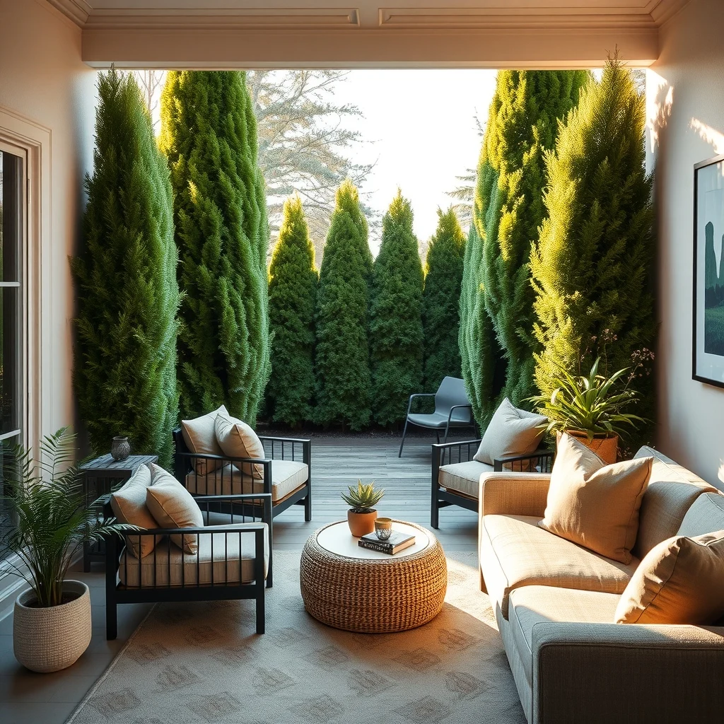 Sunlit patio view framed by towering evergreen hedges dense arborvitae forming a soft green wall rustic cedar deck muted taupe cushions golden hour light casting gentle shadows wide angle composition