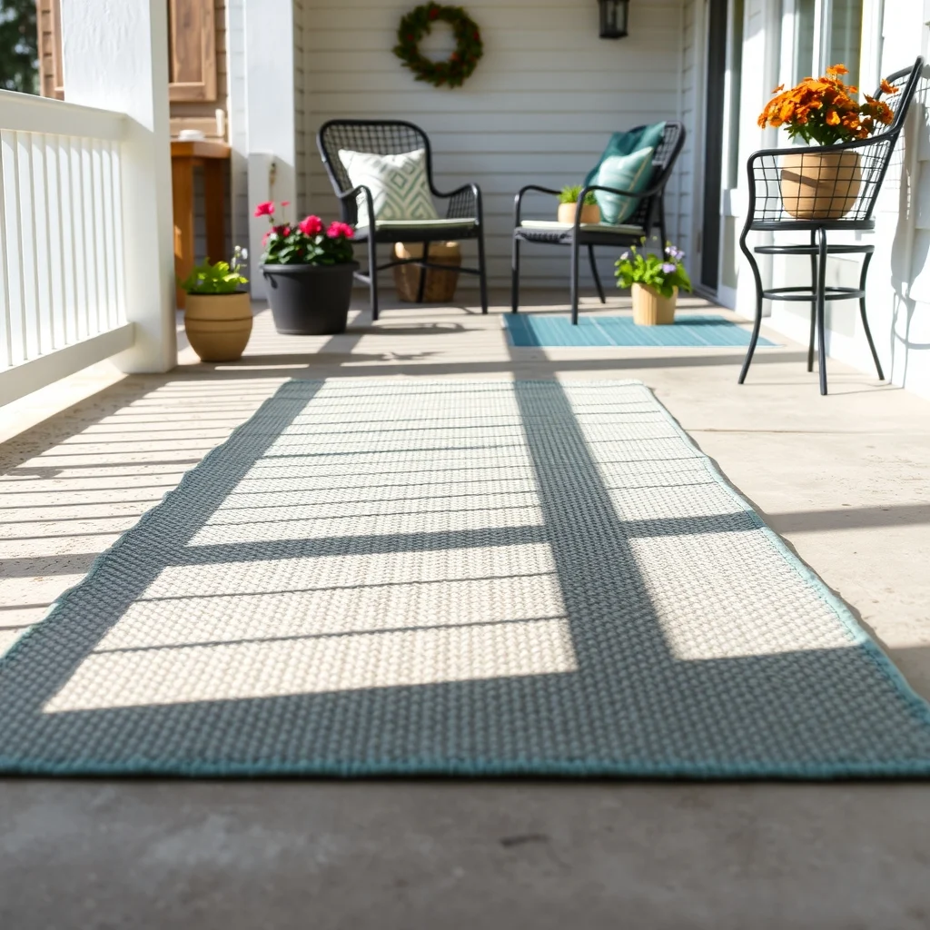 Sunlit porch floor featuring a low pile woven polypropylene rug in muted teal and ivory softened against a concrete slab subtle shadows wide angle view showcasing texture and seasonal pattern