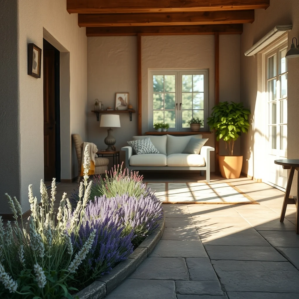 Sunlit stone patio edge lined with a low herb border silvery thyme rosemary sage intermix purple lavender spikes and chive tufts captured in a wide angle rustic garden view soft morning light