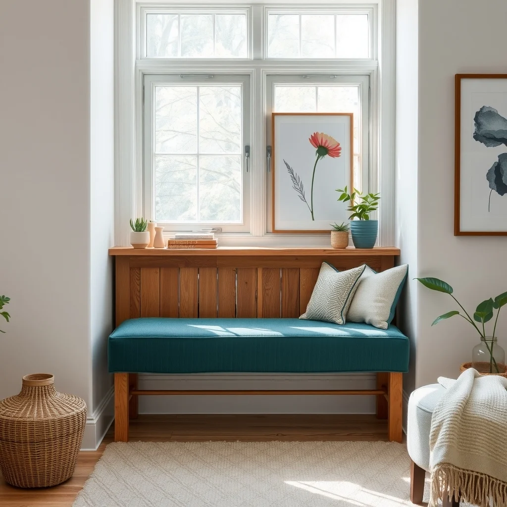 Sunlit window seat of reclaimed pine low-profile bench upholstered in fade resistant teal fabric spacious under