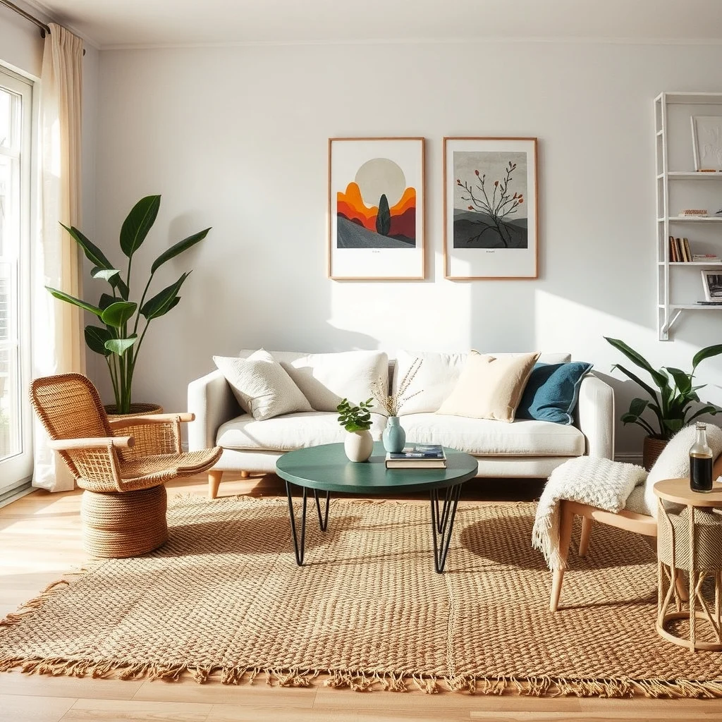 Sustainable Home Decor Ideas Using Secondhand Finds and Natural Materials: 5. Lay Natural Fiber Rugs Made from Reclaimed Materials - A ‑woven rug crafted from reclaimed jute, sisal, or recycled cotton adds texture underfoot while grounding a seating area. These fibers are biodegradable, and when sourced from post‑consumer waste they keep material out of landfills.