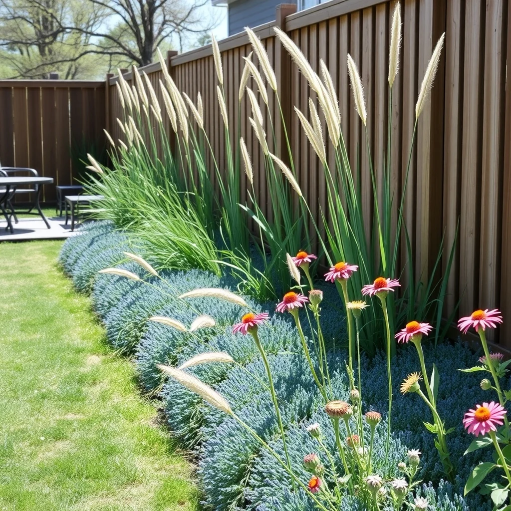 Three foot wide sunny fence strip teeming with feather reed grass swaying vertically blue fescue tufts and wildflower clumps of coneflower and black-eyed