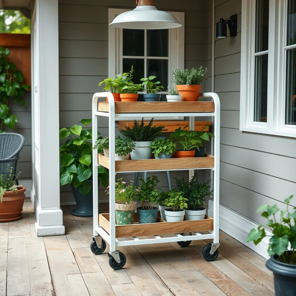Three tier rolling cart on kitchen dining nook floor matte white metal frame reclaimed wood shelves assorted herb pots in pastel tones bright LED overhead modern farmhouse composition