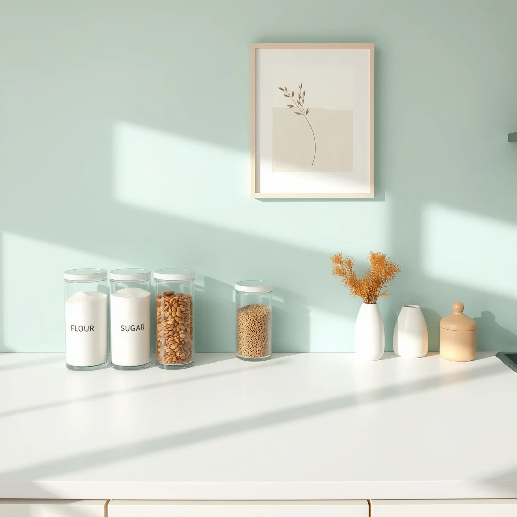 Top down view of a pastel kitchen counter clear acrylic bins of varying heights holding flour sugar beans arranged beside a muted teal backsplash bright daylight streaming clean minimalist composition
