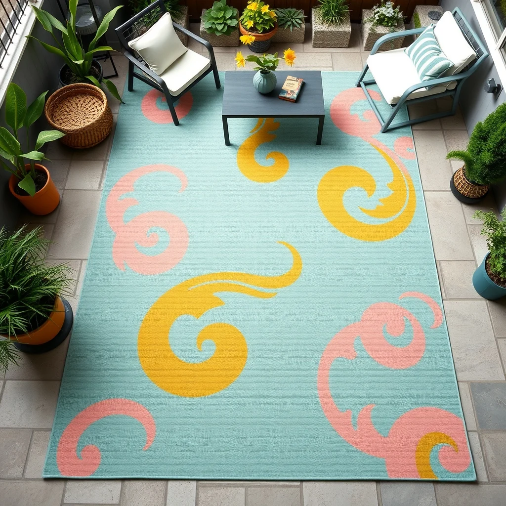 Top down view of a polypropylene rug on the patio pattern of soft teal muted mustard and pale coral swirls texture visible edges framing a modest seating area