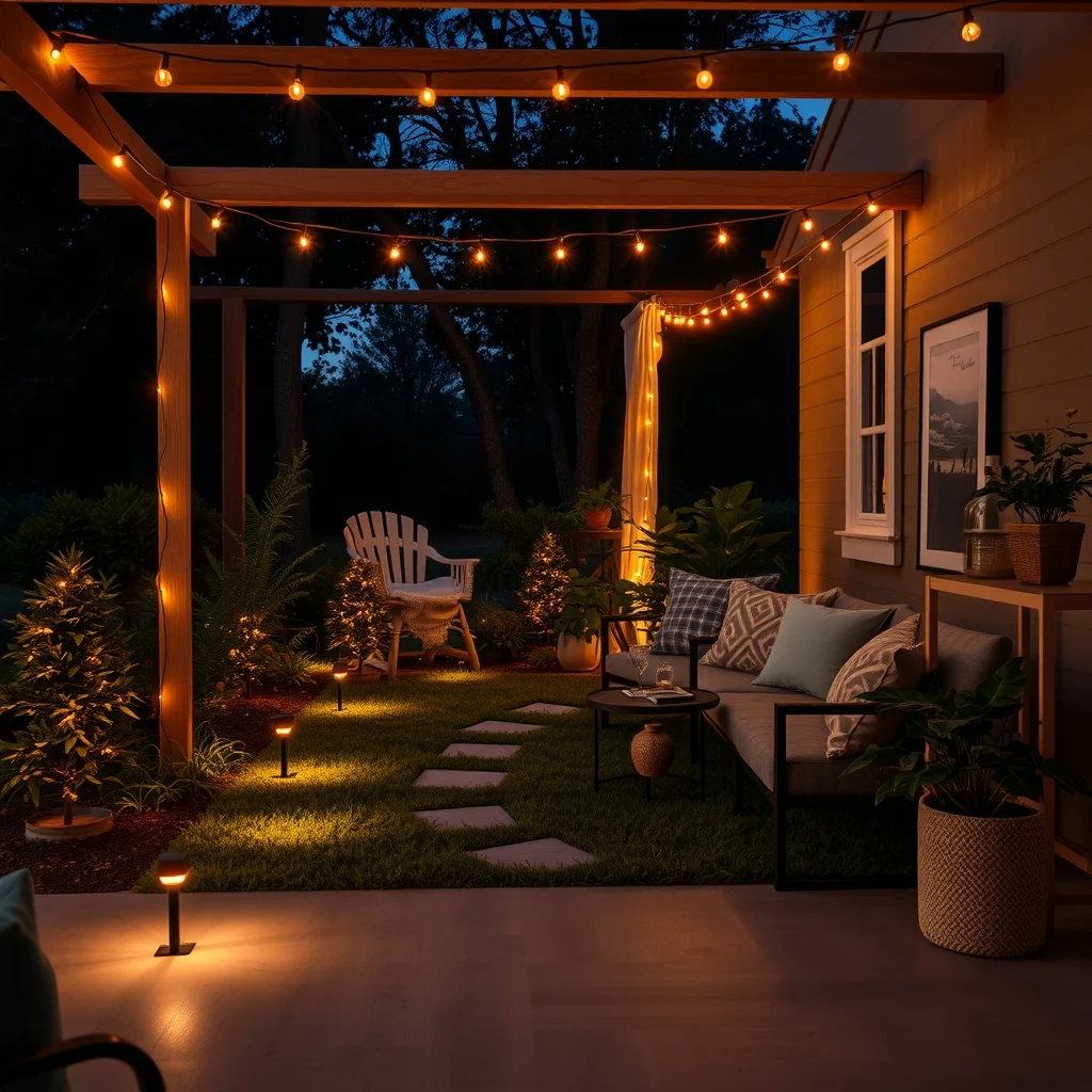 Twilight garden scene with solar powered stake lights lining a winding path warm amber string lights draped over a pergola dark foliage backdrop subtle glow emphasizes flexible seasonal illumination
