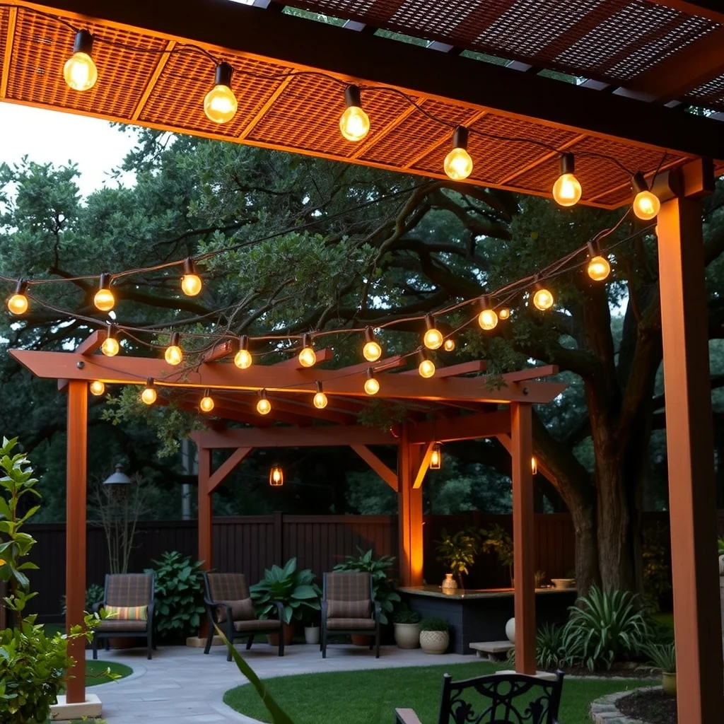 Twilight pergola draped in warm white LED string lights weather resistant glass bulbs glowing softly over woven rattan canopy amber tinted shadows dancing on surrounding mature oak trees
