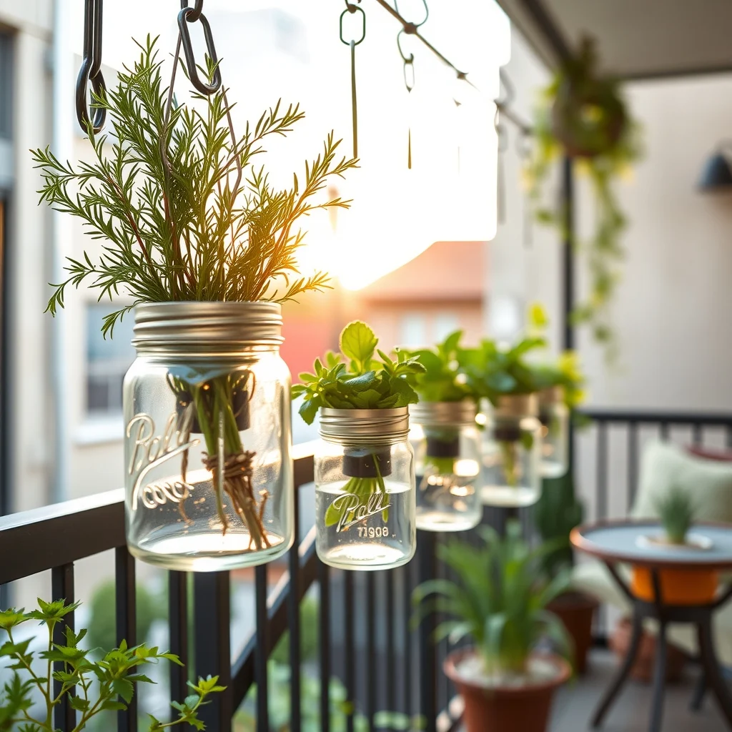 Vertical balcony scene sturdy black hooks suspending a row of clear mason jar planters filled with rosemary mint and sage copper accents golden late afternoon sun rustic industrial vibe