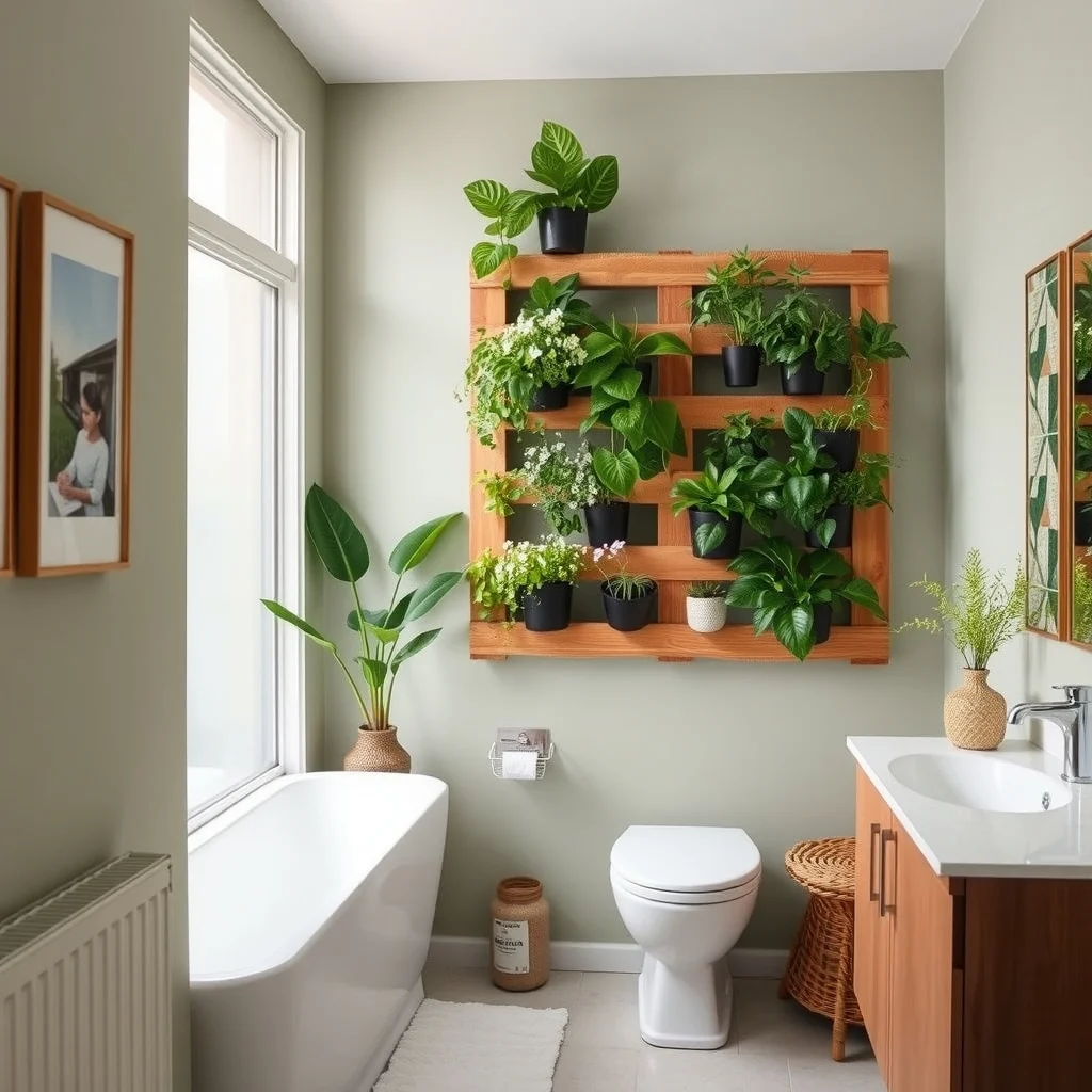 Vertical Garden Ideas for Growing More Plants in Small Spaces interior: 4. Mounted Pallet Green Wall in a Bathroom - A reclaimed wooden pallet, sanded smooth and painted a soft sage, can be affixed to a bathroom wall that receives filtered daylight through frosted glass. By attaching garden fabric and securing small pots with zip