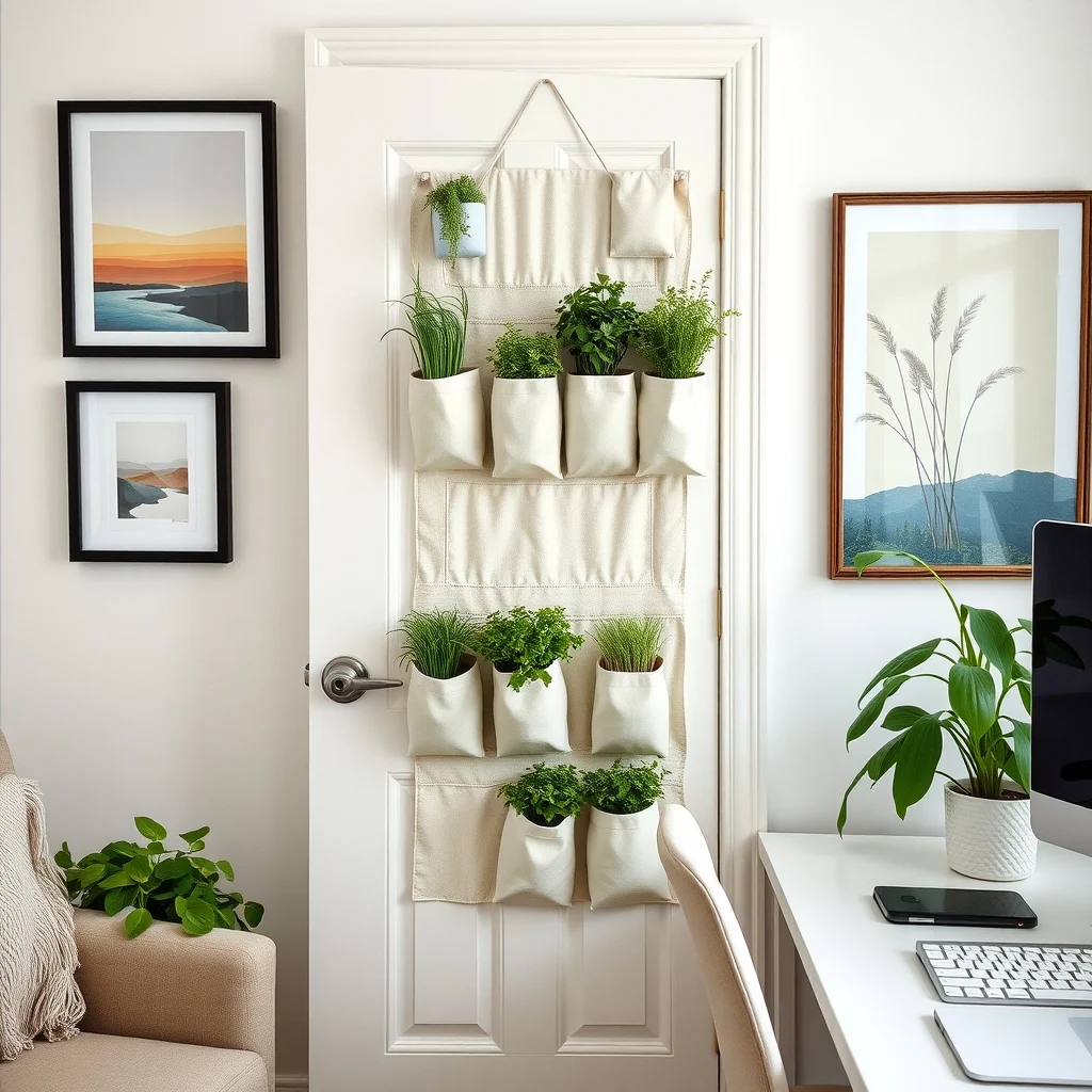 Vertical Garden Ideas for Growing More Plants in Small Spaces interior: 6. Repurposed Shoe Organizer for Herbs on a Home‑Office Door - A hanging shoe organizer made of breathable fabric offers an unexpected home for kitchen herbs in a workspace. Each pocket can hold a small pot of rosemary, chives, or cilantro, keeping the herbs within sight