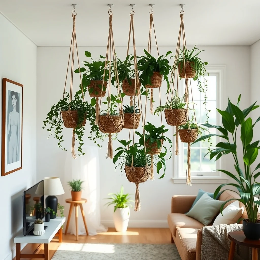 Vertical Garden Ideas for Growing More Plants in Small Spaces interior: 7. Ceiling‑Mounted Hanging Garden for Low‑Light Areas - In rooms where floor space is scarce and natural light is minimal, suspending a series of lightweight hanging baskets from the ceiling can introduce greenery without crowding the room. Use macramé cords in a natural