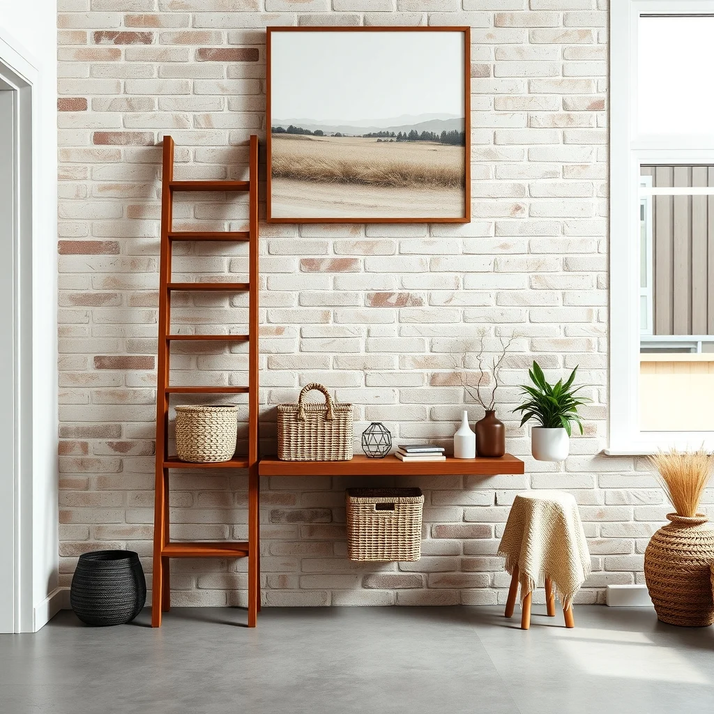 Vertical walnut ladder shelf against bare brick wall three slim rungs holding woven baskets soft amber LED strip highlights texture minimalist concrete floor abstract landscape canvas above airy composition