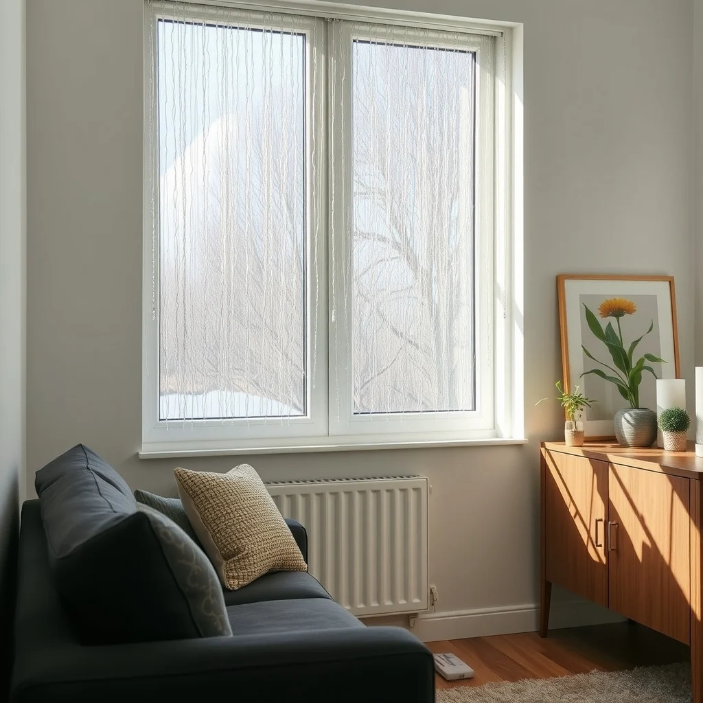Vignette of a window covered in subtle metallic lined decorative film fine silver threads catching the weak winter sun reflecting gentle sparkle onto a charcoal gray sofa and a pale walnut sideboard